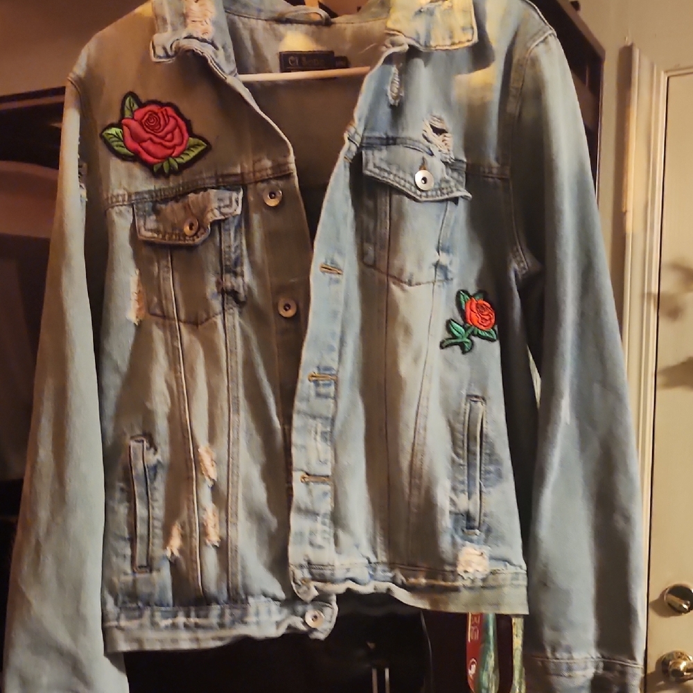 Light Blue Distressed Denim Jacket with Rose Appliqués - Women